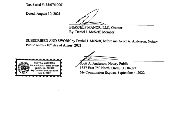 Quitclaim deed entry 141977 of 2021, re-executed and cured, Daniel J. McNeff Member added, notary commission 702080