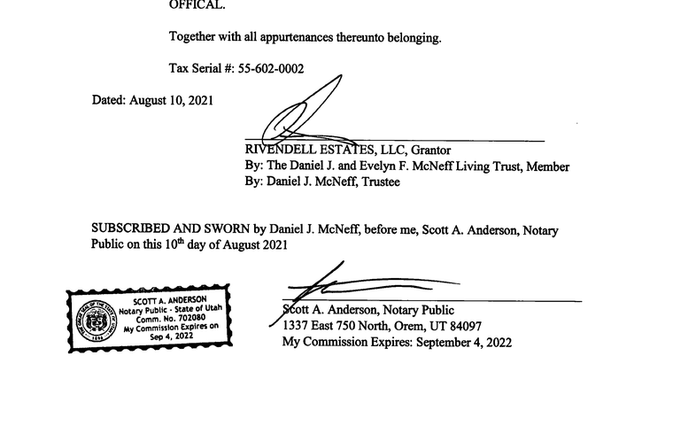 Quitclaim deed entry 141979 of 2021, re-executed and cured, signer recited as the McNeff Living Trust by Daniel J. McNeff Trustee, notary commission 702080