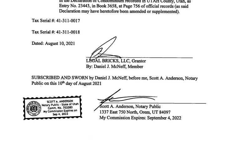 Quitclaim deed entry 141980 of 2021, re-executed and cured: re-dated August 10 2021, Daniel J. McNeff Member added as signer, jurat names Daniel J. McNeff, same notary commission 702080