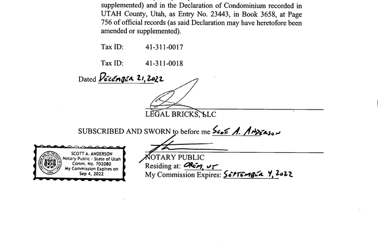 Quitclaim deed entry 5832 of 2021, as first recorded: dated December 21 2022, signature block names no signer, jurat names no one, notary commission 702080
