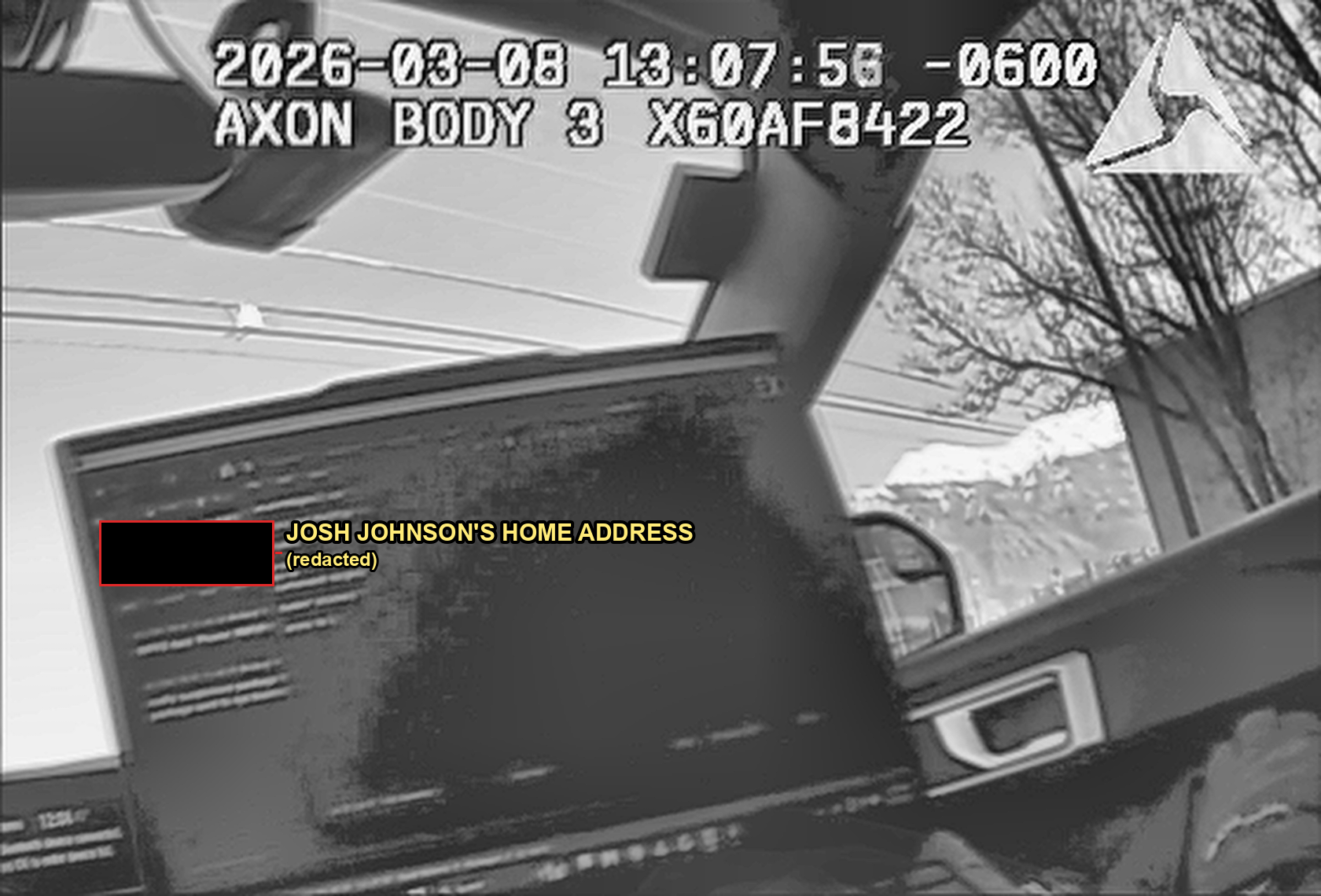 American Fork PD in-car computer screen showing an open police incident record logged at Josh Johnson’s home address, recovered from leaked bodycam footage