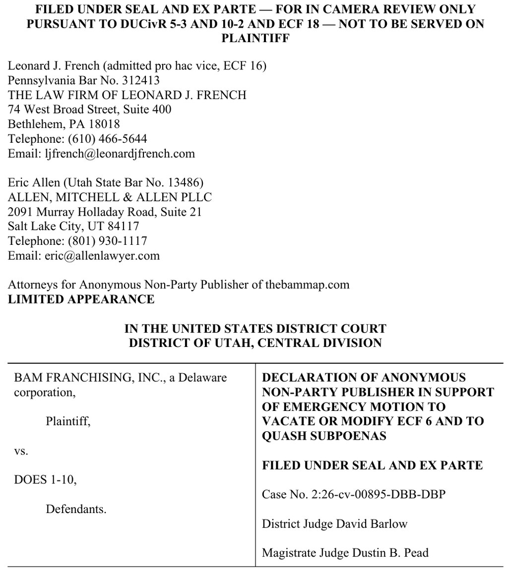 Page 1 of docket entry 20: the filing header, counsel block and caption. Declaration of Anonymous Non-Party Publisher in Support of Emergency Motion to Vacate or Modify ECF 6 and to Quash Subpoenas. Filed under seal and ex parte. Case No. 2:26-cv-00895-DBB-DBP. District Judge David Barlow. Magistrate Judge Dustin B. Pead.