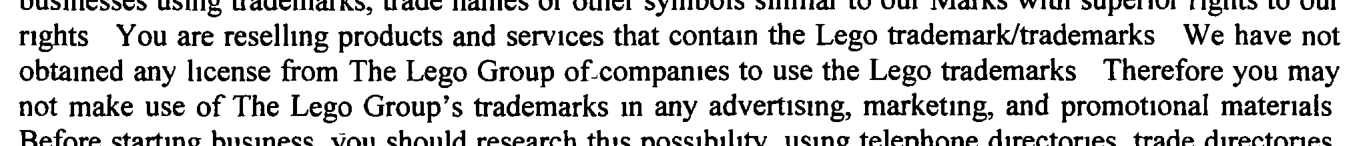 2016 edition, page 46: same no-license sentence, with added 'We believe there is no unauthorized use of the LEGO trademark' line