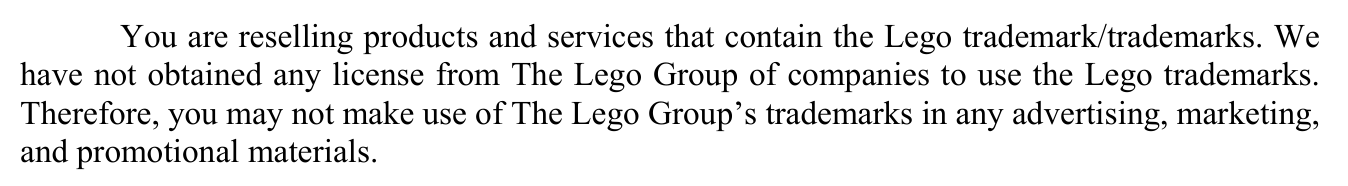 2023 edition, Item 13: 'We have not obtained any license from The Lego Group.'