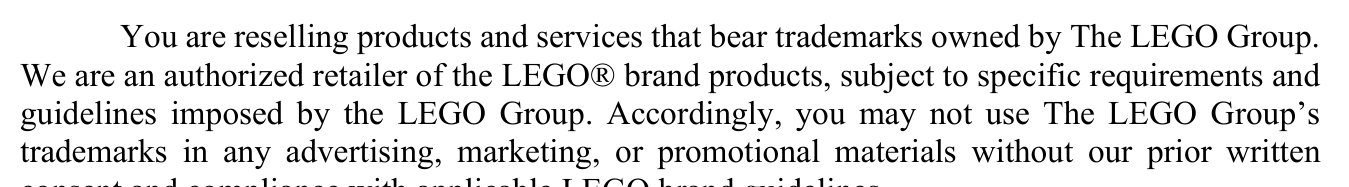 2026 edition, page 94: reworded again to 'authorized retailer of the LEGO(R) brand products, subject to specific requirements and guidelines imposed by the LEGO Group'