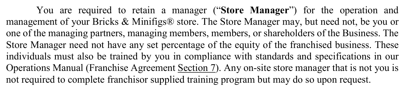 2025 edition, page 52: Store Manager need not be an owner and need not have any set percentage of the equity of the franchised business