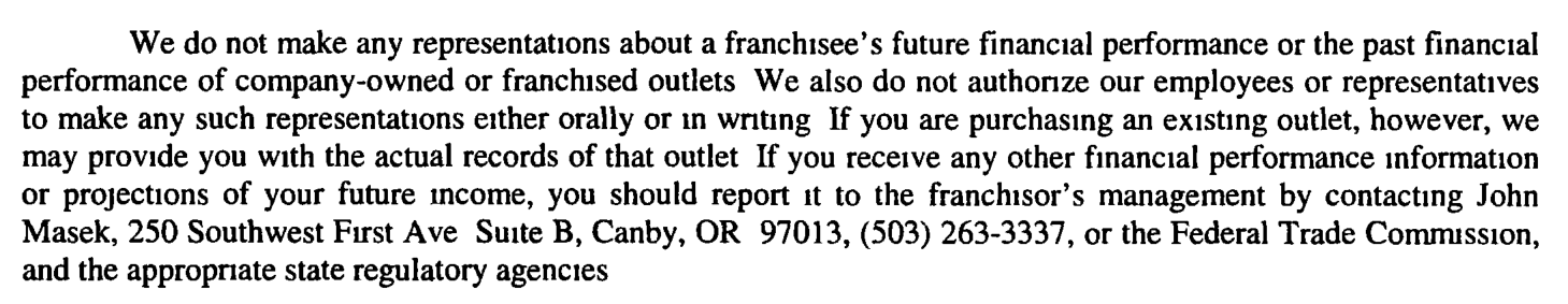 2014 edition, page 55: no FPR. 'We do not make any representations about a franchisee's future financial performance or the past financial performance of company-owned or franchised outlets.'