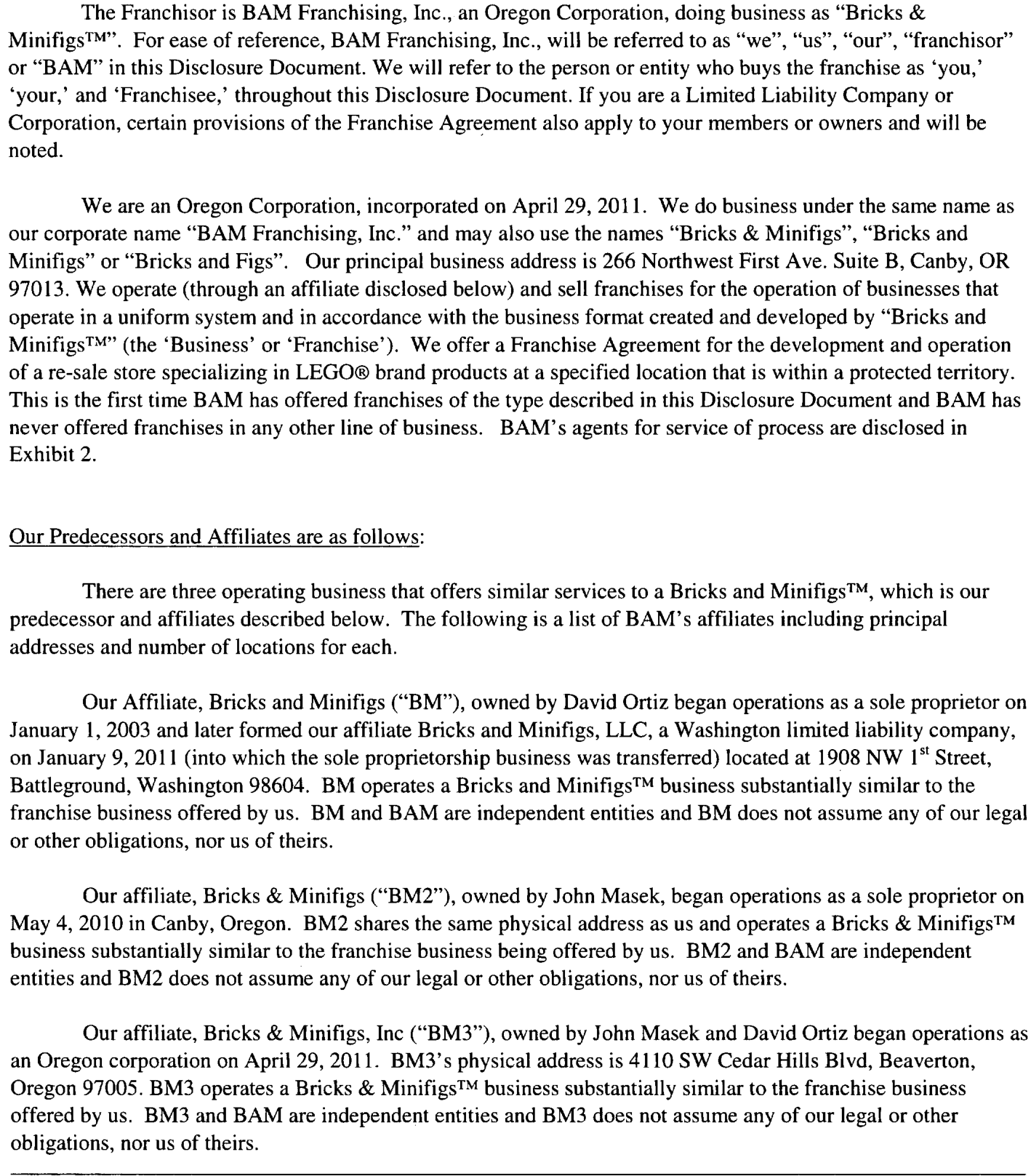 2012 edition, page 9: Oregon corporation incorporated April 29, 2011, Canby OR address; predecessors-and-affiliates list names David Ortiz (BM) and John Masek (BM2, BM3)