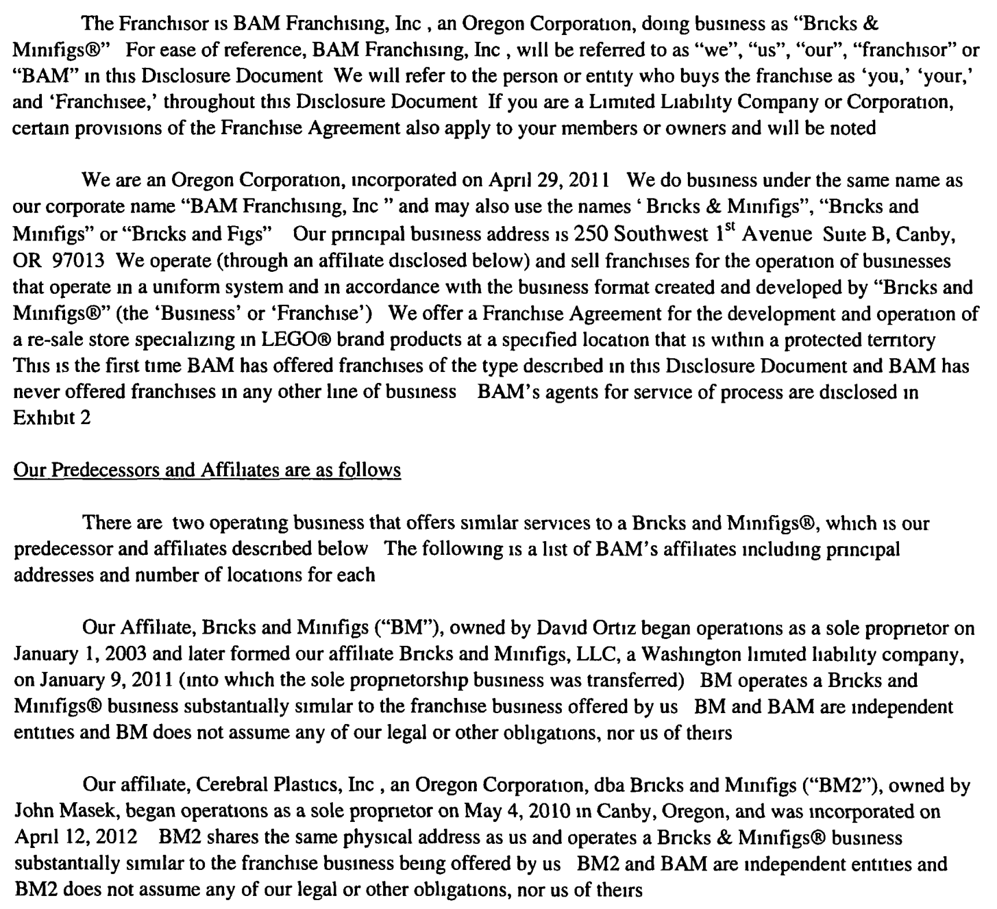 2014 edition, page 13: Oregon corporation incorporated April 29, 2011, 250 SW 1st Ave Canby OR; affiliate list retained (David Ortiz, John Masek)