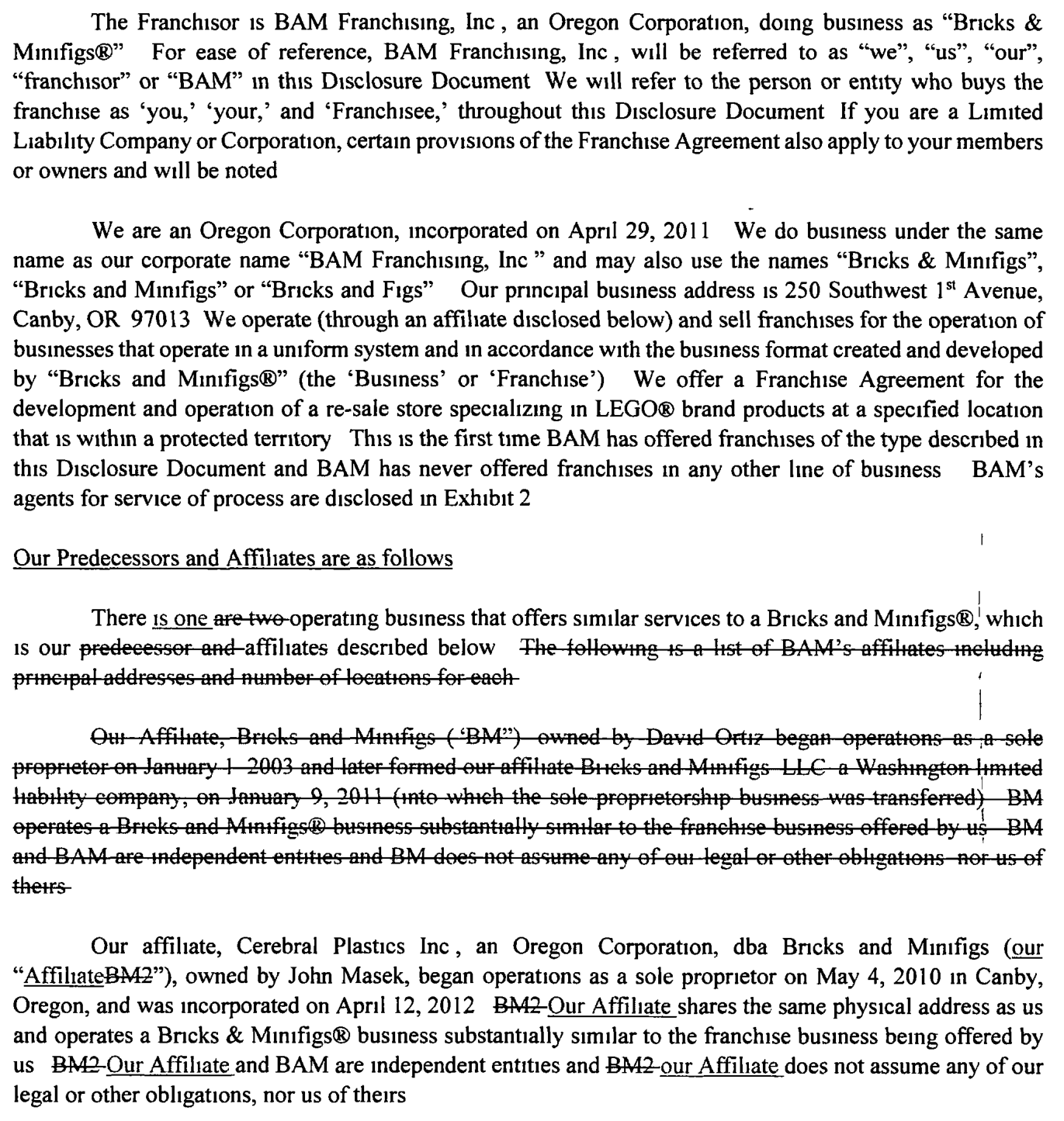 2016 edition, page 9: Oregon corporation; tracked-changes redline strikes the entire David Ortiz (BM) affiliate paragraph