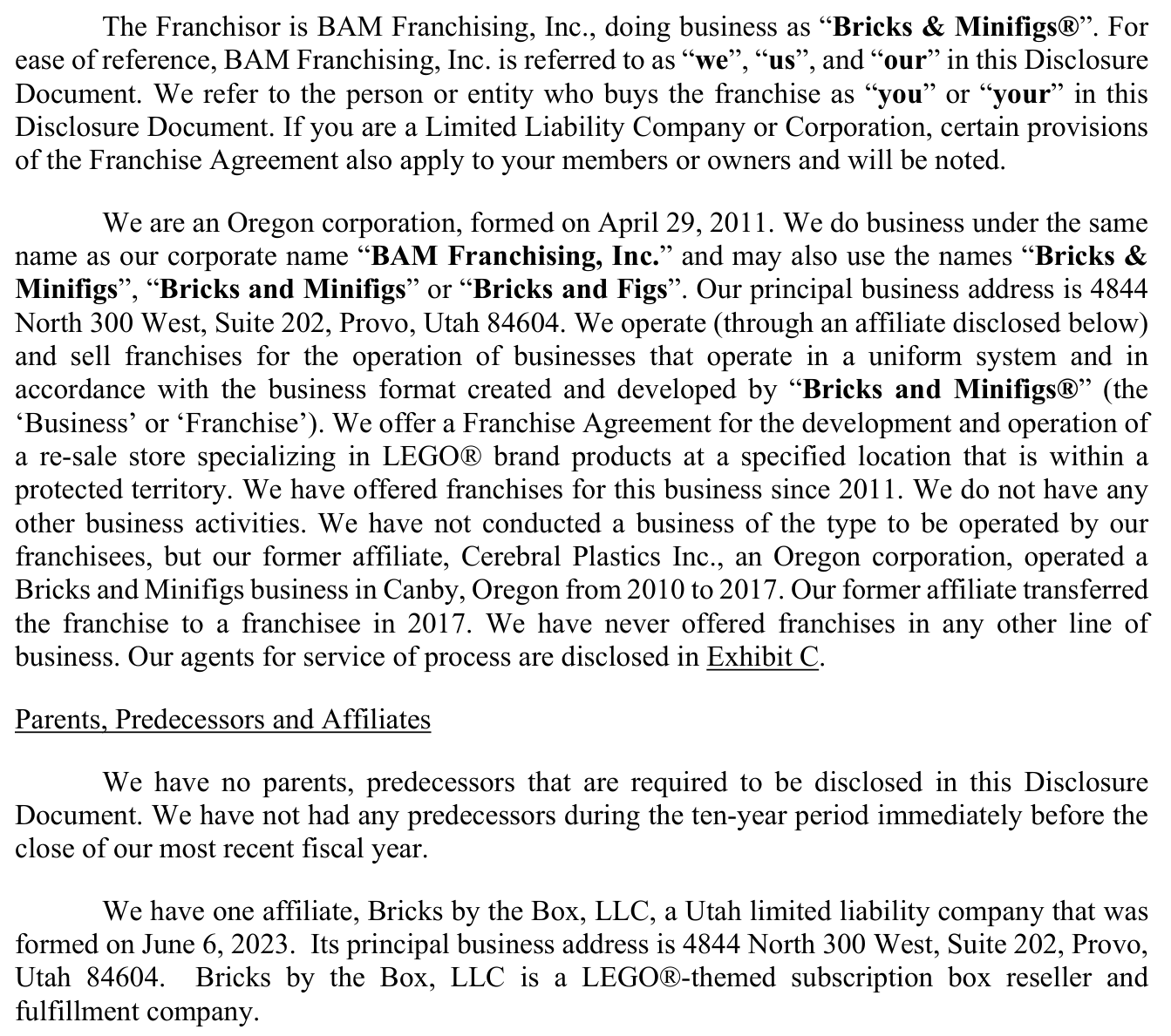 2024 edition, page 10: Oregon corporation; address moved to Provo UT; new affiliate Bricks by the Box, LLC disclosed