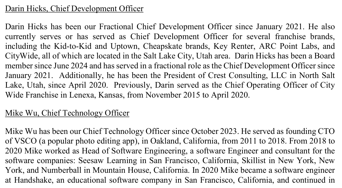 2025 edition, PDF page 12: two new officers added to Item 2 ,  Darin Hicks (Chief Development Officer) and Mike Wu (Chief Technology Officer)