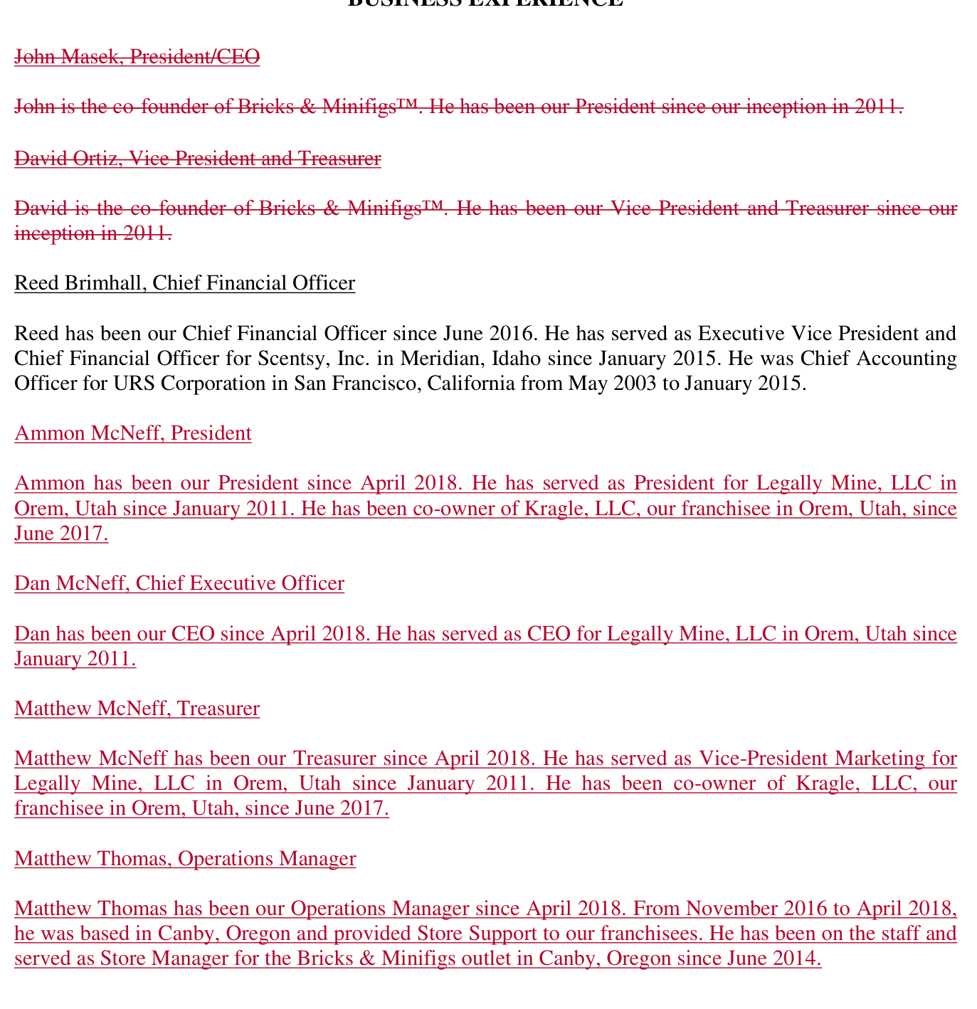 2018 edition, PDF page 9: Item 2 roster, redlined ,  founders John Masek and David Ortiz struck out, McNeffs added (Ammon President, Dan McNeff CEO, Matthew McNeff Treasurer, Matthew Thomas Operations Manager), Reed Brimhall CFO with URS/Scentsy narrative