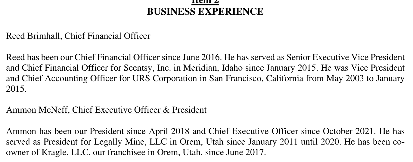 2022 edition, PDF page 12: Item 2 heading with Reed Brimhall (CFO) and Ammon McNeff now titled Chief Executive Officer & President since October 2021