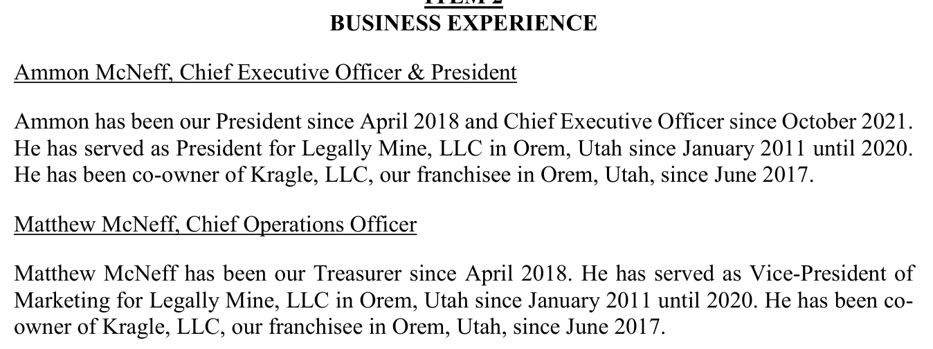 2025 edition, PDF page 12: Item 2 heading with Ammon McNeff (CEO & President) and Matthew McNeff (Chief Operations Officer)
