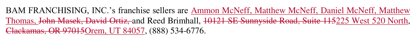 2018 edition, PDF page 223: receipt franchise-seller list, redlined ,  founders and Clackamas OR address struck, McNeffs and Orem UT address substituted