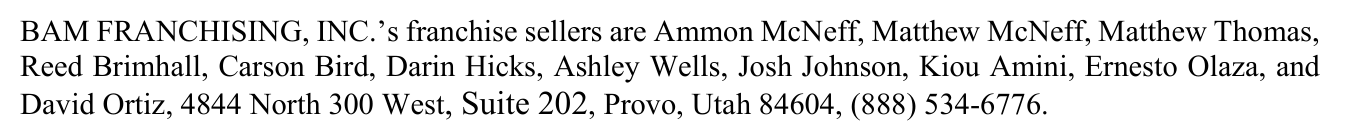 2024 edition, PDF page 350: receipt franchise-seller list copy B ,  full list including Matthew Thomas and Reed Brimhall, contradicting copy A on page 348