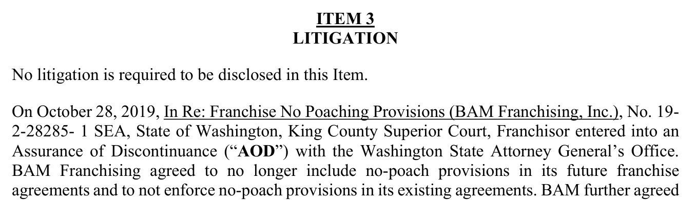 2023 edition, FDD p.3 (PDF file p.12): same self-contradiction, disclaimer sentence followed by the Washington AOD paragraph.