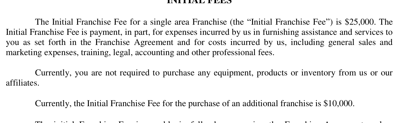 2018 edition, PDF page 11 (printed p4): single-franchise Initial Franchise Fee is $25,000; additional-franchise fee is $10,000