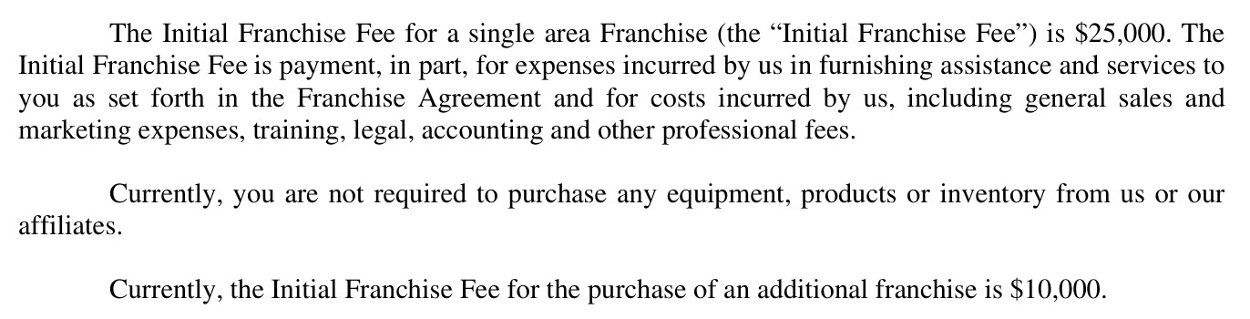 2022 edition, PDF page 13 (printed p4): single-franchise fee still $25,000; additional-franchise fee still $10,000