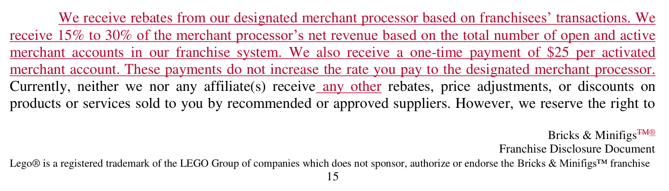 2018 edition, Item 8: franchisor discloses receiving 15% to 30% of merchant-processor net revenue plus a one-time $25 payment per activated merchant account