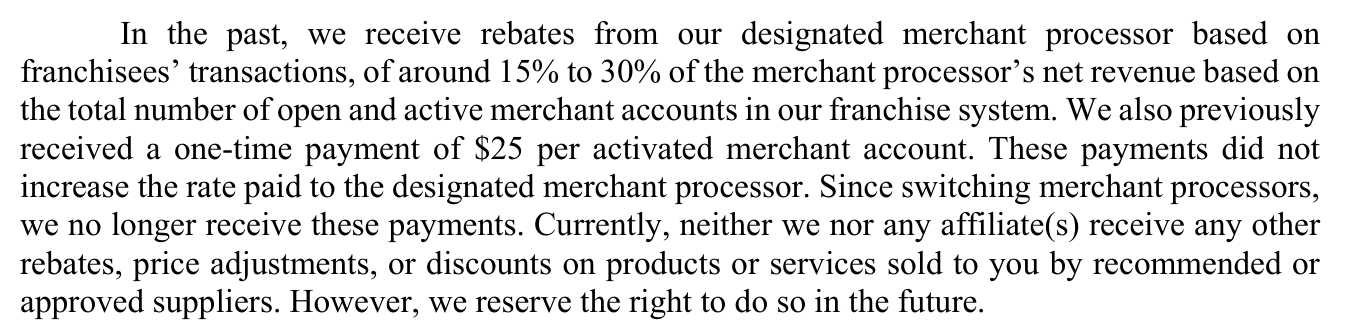 2023 edition, Item 8: disclosure recast to past tense, 'Since switching merchant processors, we no longer receive these payments'