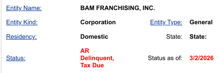 Delaware registry: the Delaware survivor, status Delinquent, Tax Due.