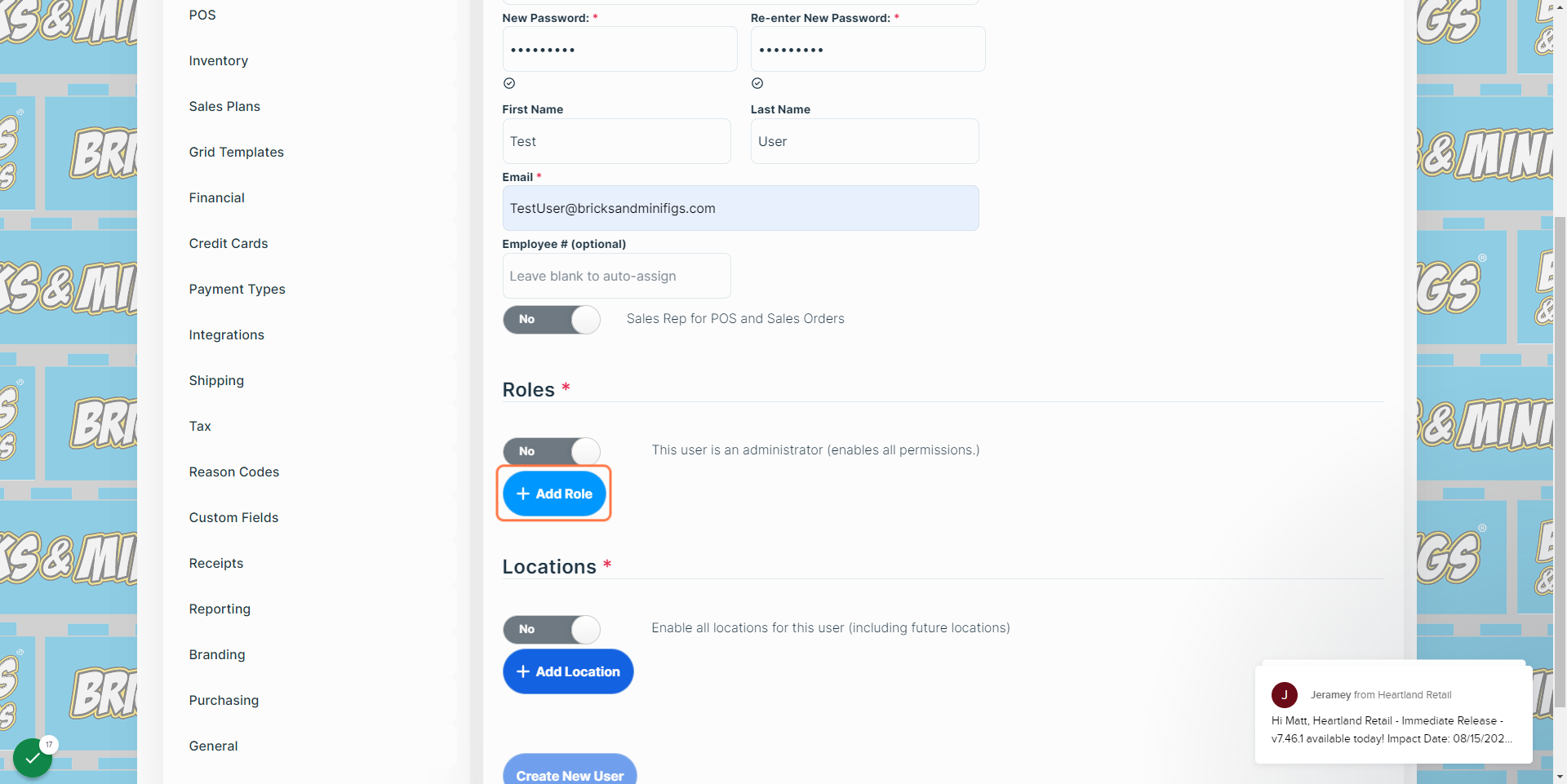 Roles define what this User will have access to, and are typically connected to the responsibilities they will have with