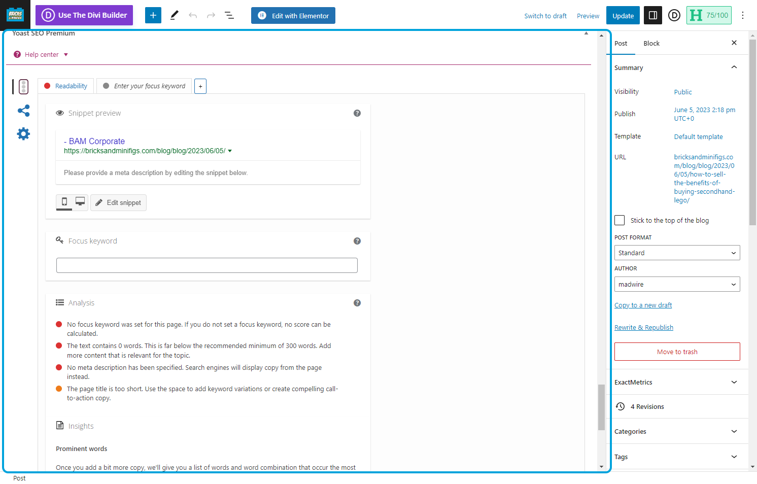 You'll see a "Yoast SEO" section at the bottom.