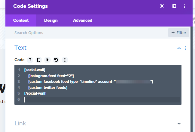 (If you are only adding a single social feed this will be one line of code, if your adding multiple it will look similar