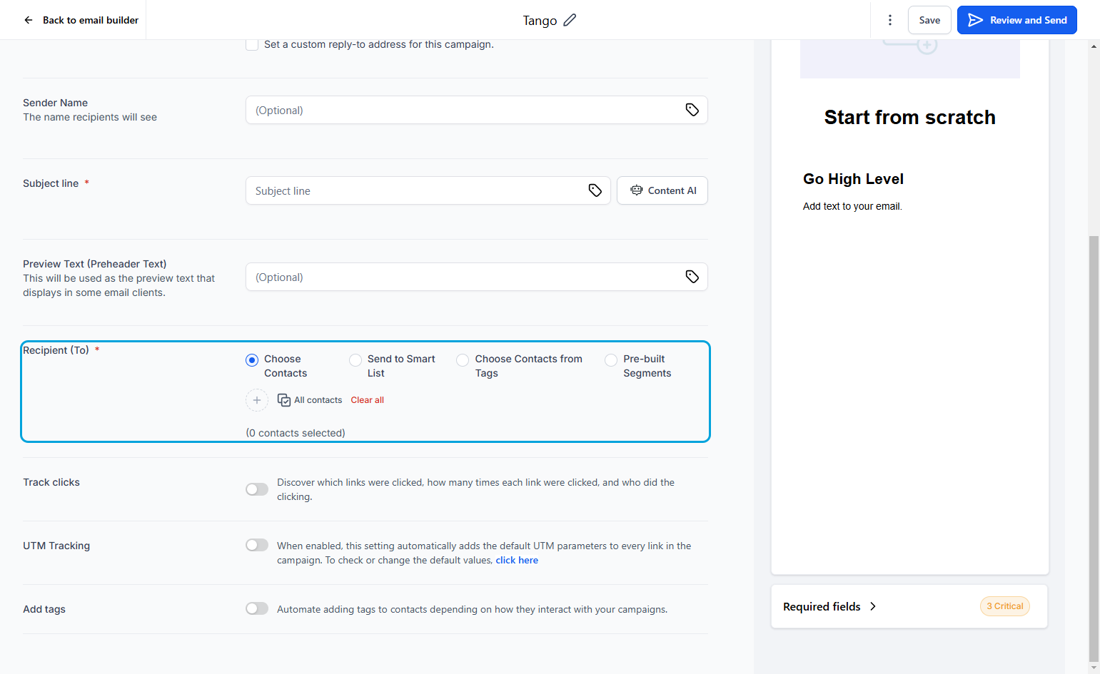 You can manually select contacts, send to a preexisting smart list, send to specific contact tags, or send to pre-built
