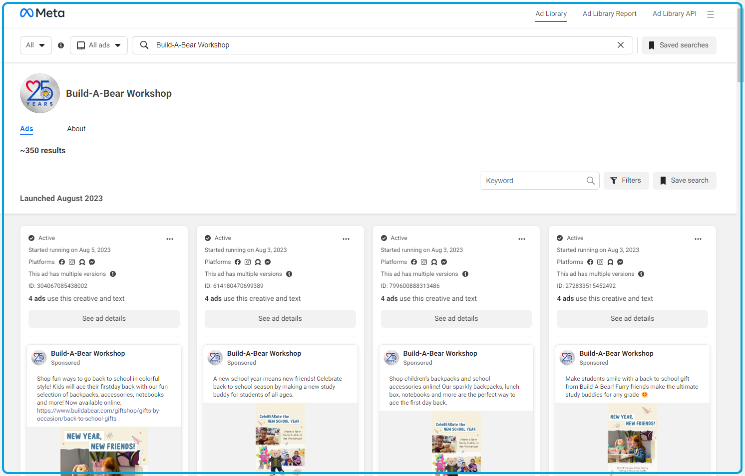 Each ad will give a overview on when it started. where it's running, and if there's multiple versions of the a