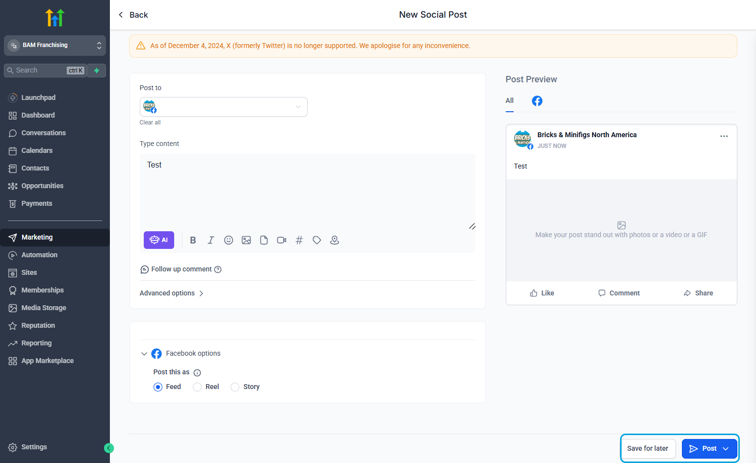 Select the arrow on "Post" to schedule the post.