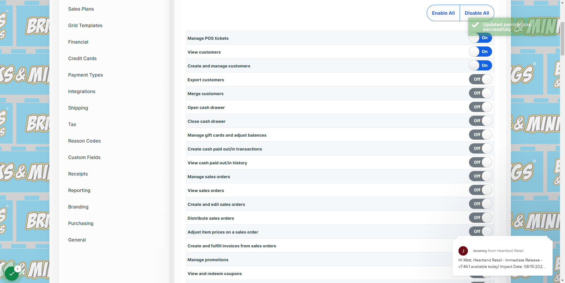 Typically, a Cashier will need the first three (Manage POS tickets, View customers, and Create and Manage customers) as 