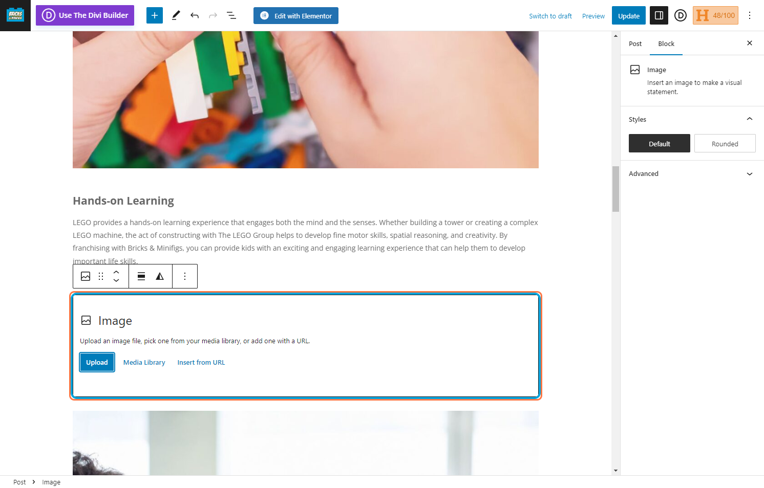 We recommend uploading the image so you can format it to the correct size and add it in .