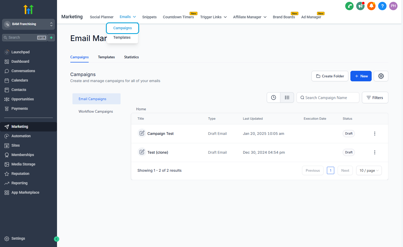 All emails are sent through "Campaigns". You can also create templates that can be selected as you create your