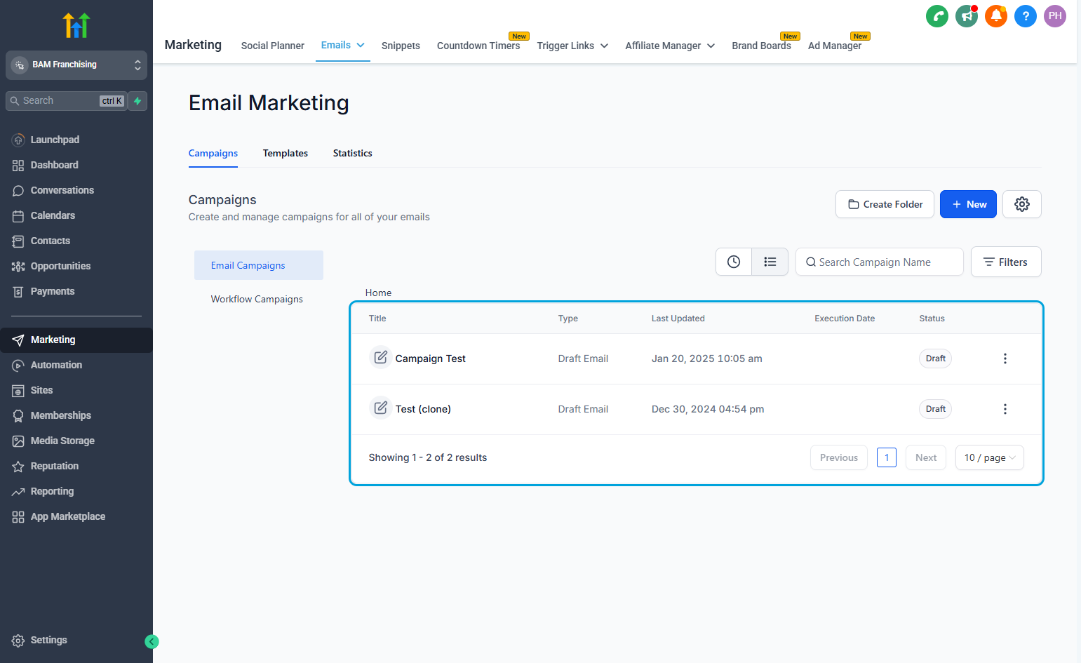 This shows your email drafts and which campaigns have been sent.