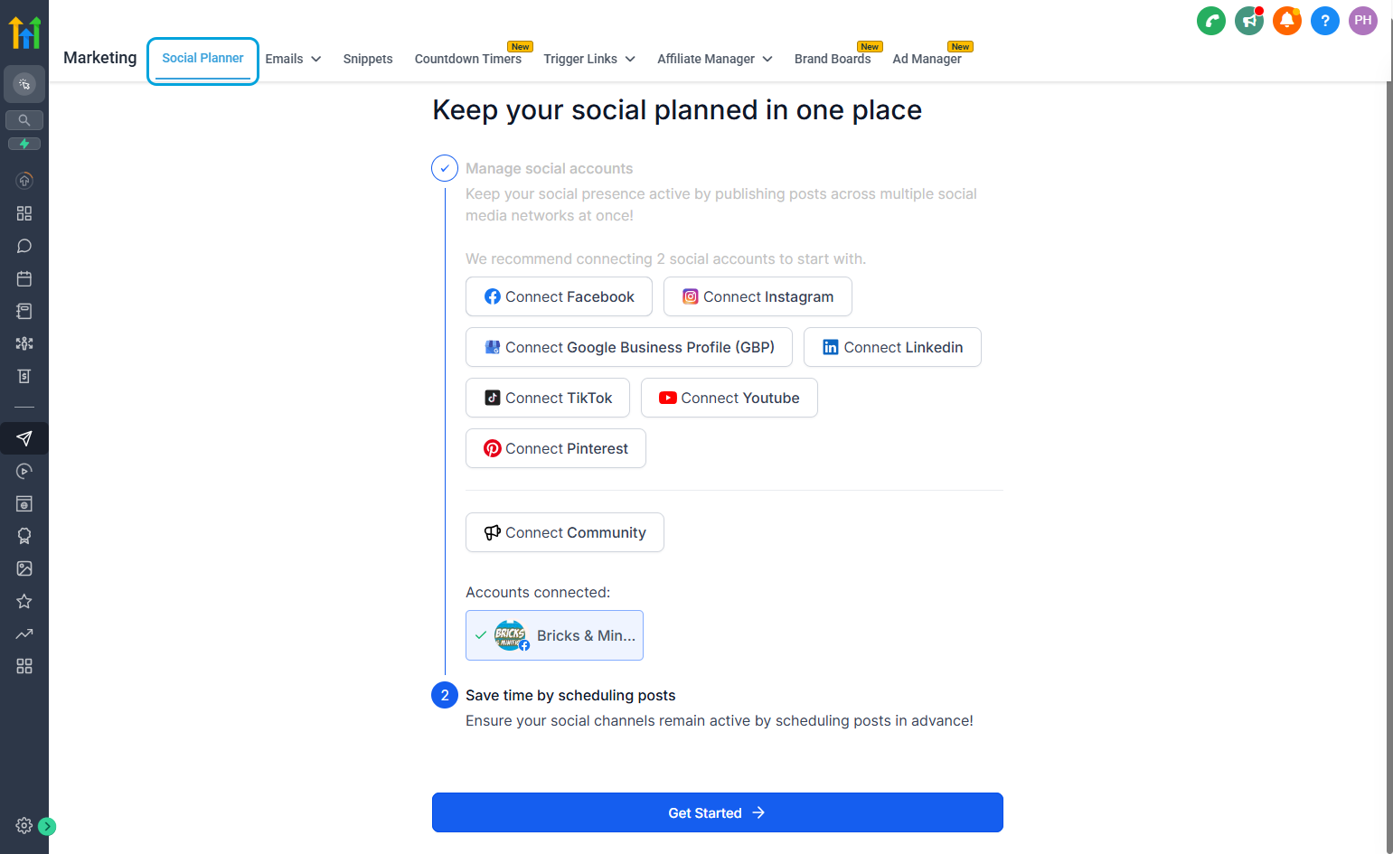 Inside of "Marketing" select "Social Planner".