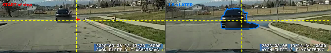 Side by side: the start of the stop and the end of the stop, 1.5 seconds apart by the burned-in camera clock, each with the clock visible.