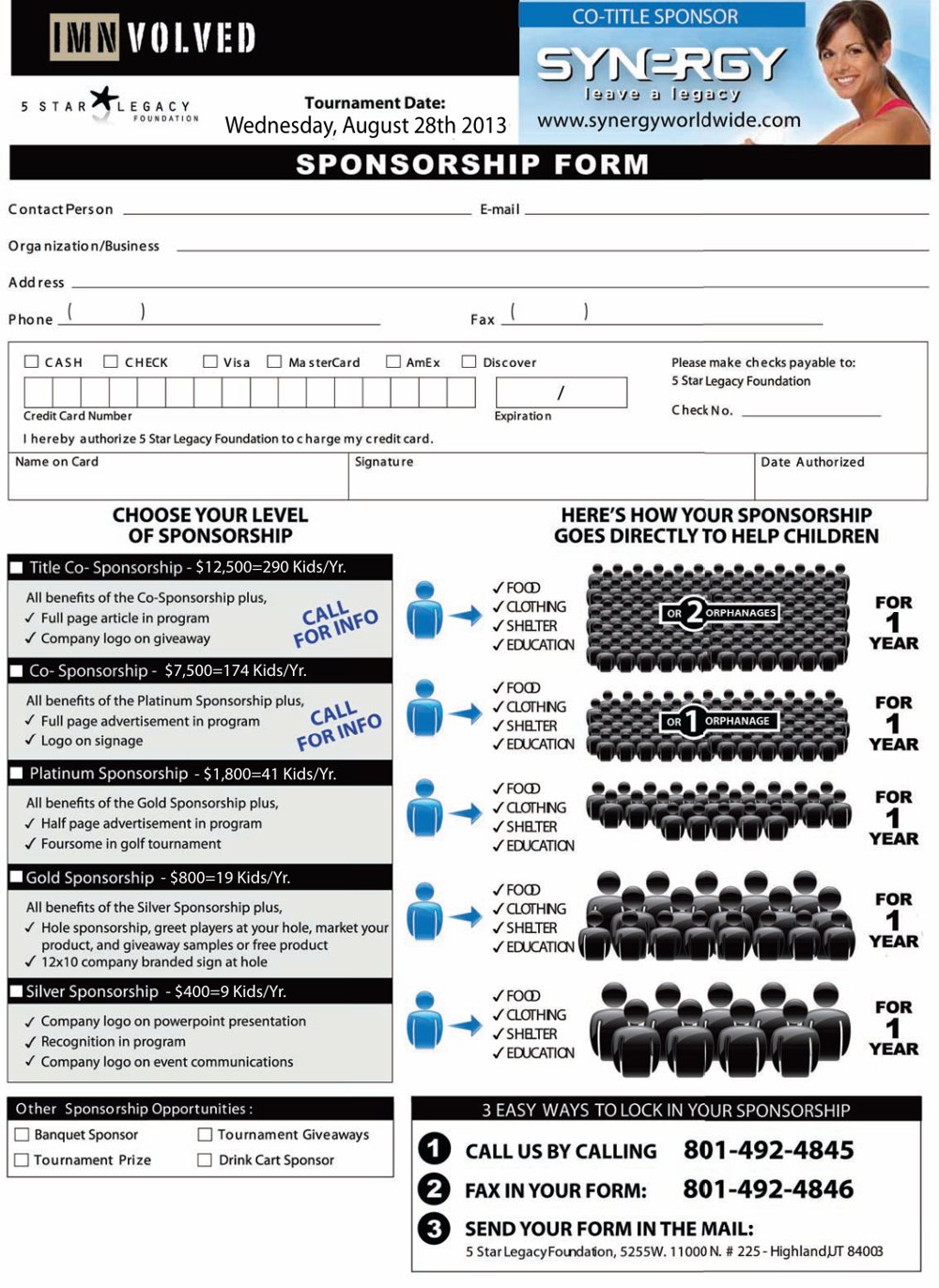 5 Star Legacy Foundation sponsorship form headed: how your sponsorship goes directly to help children, pricing each tier as a number of children helped per year