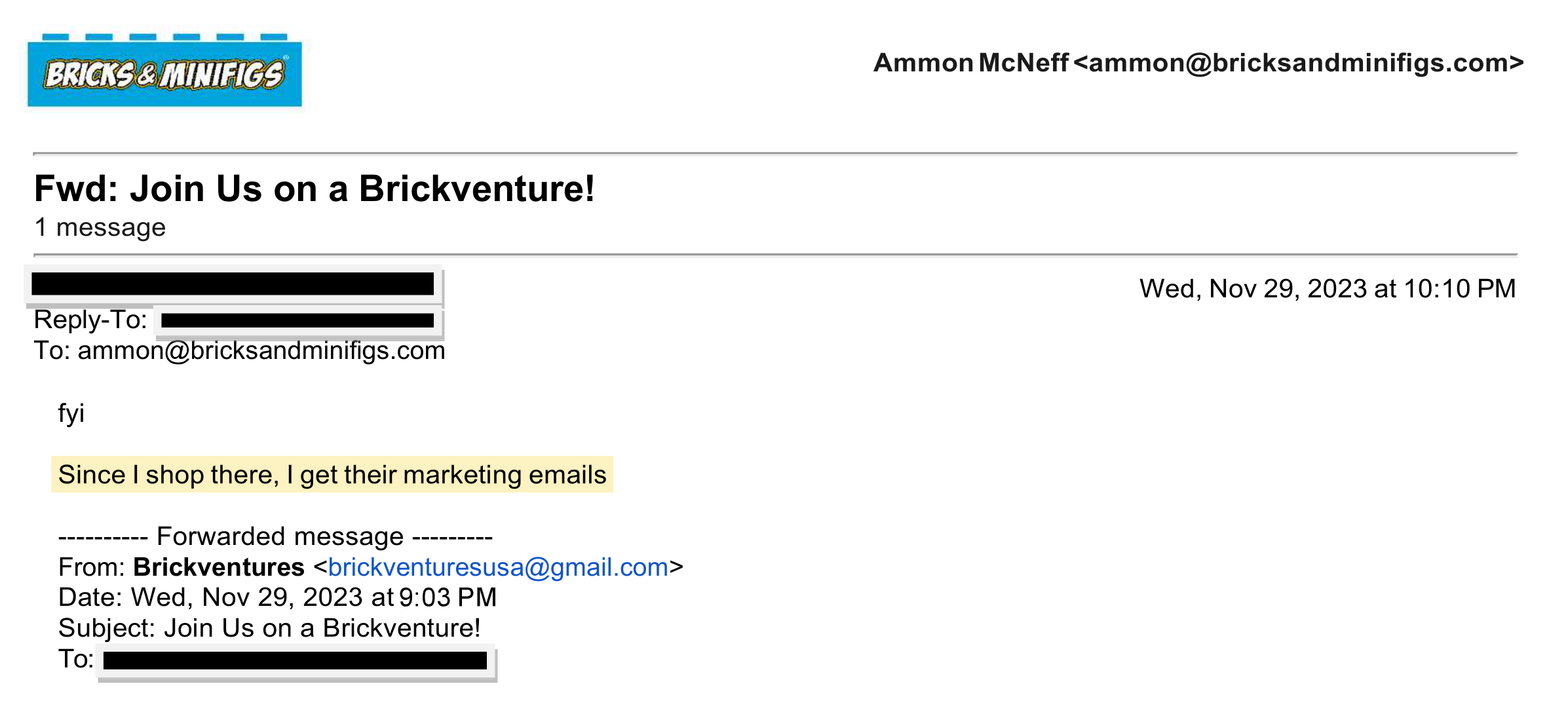 Exhibit I as filed by BAM: three black boxes cover the sender line, the Reply-To and the forwarded To: field, while the chief executive's address and the competitor's address are left visible. The line 'Since I shop there, I get their marketing emails' is highlighted in yellow.