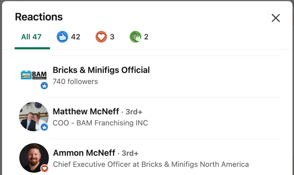 LinkedIn reactions panel listing Bricks and Minifigs Official, Matthew McNeff (COO, BAM Franchising Inc.), and Ammon McNeff (CEO, Bricks and Minifigs North America) among the 47 reactions to the post; Ammon reacted with a heart.