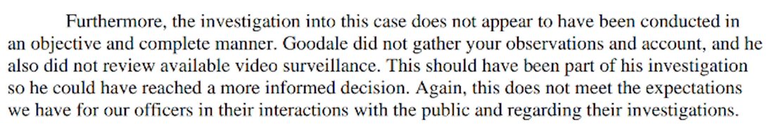 Chief's letter finding the investigation not objective and complete