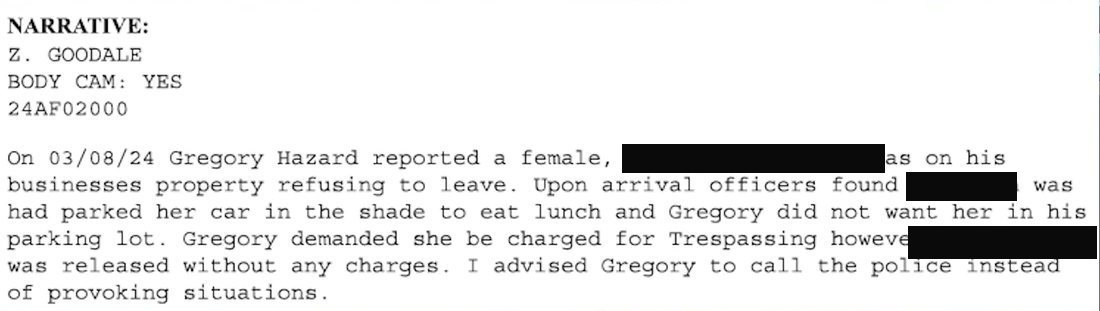 Officer Goodale's five-sentence report narrative for case 24AF02000