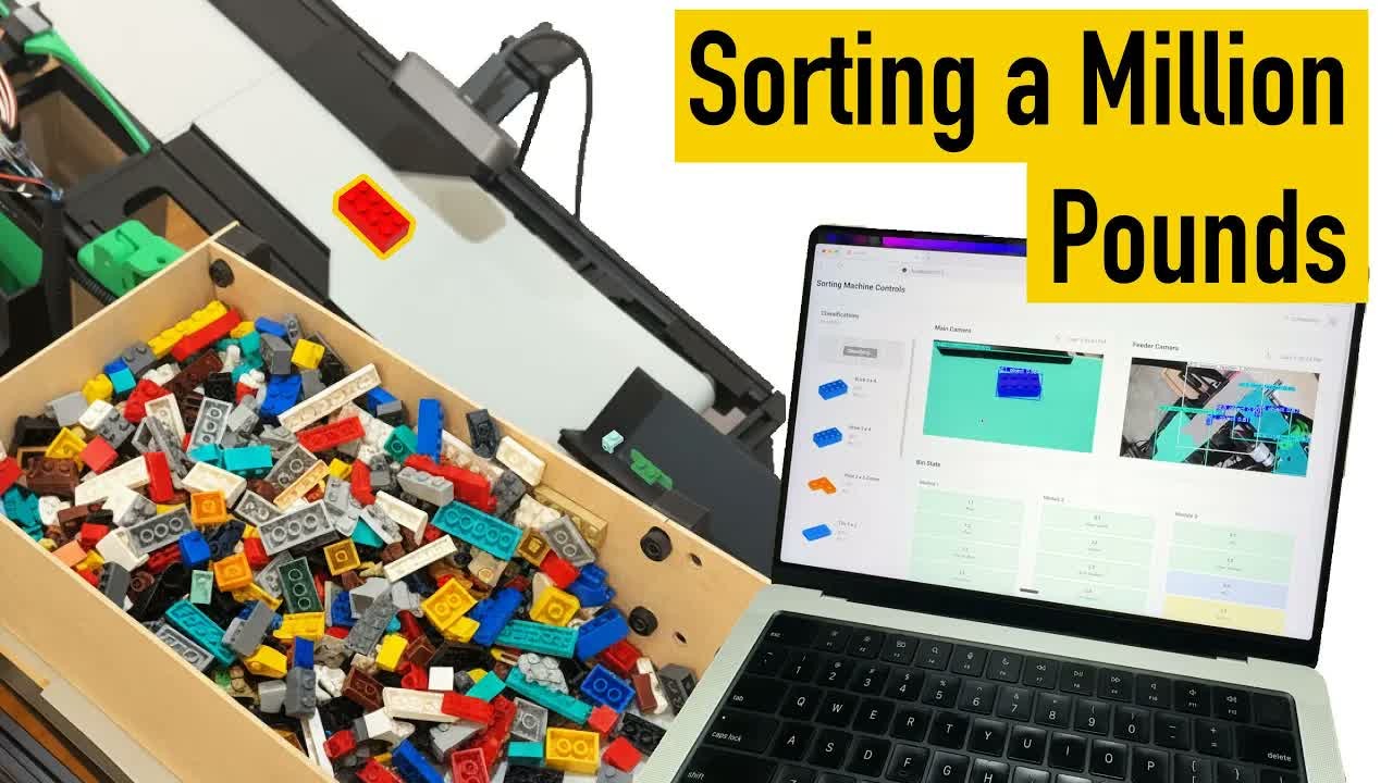 A hobbyist LEGO sorting machine: unsorted bricks feeding in, the machine, and software identifying a brick by camera