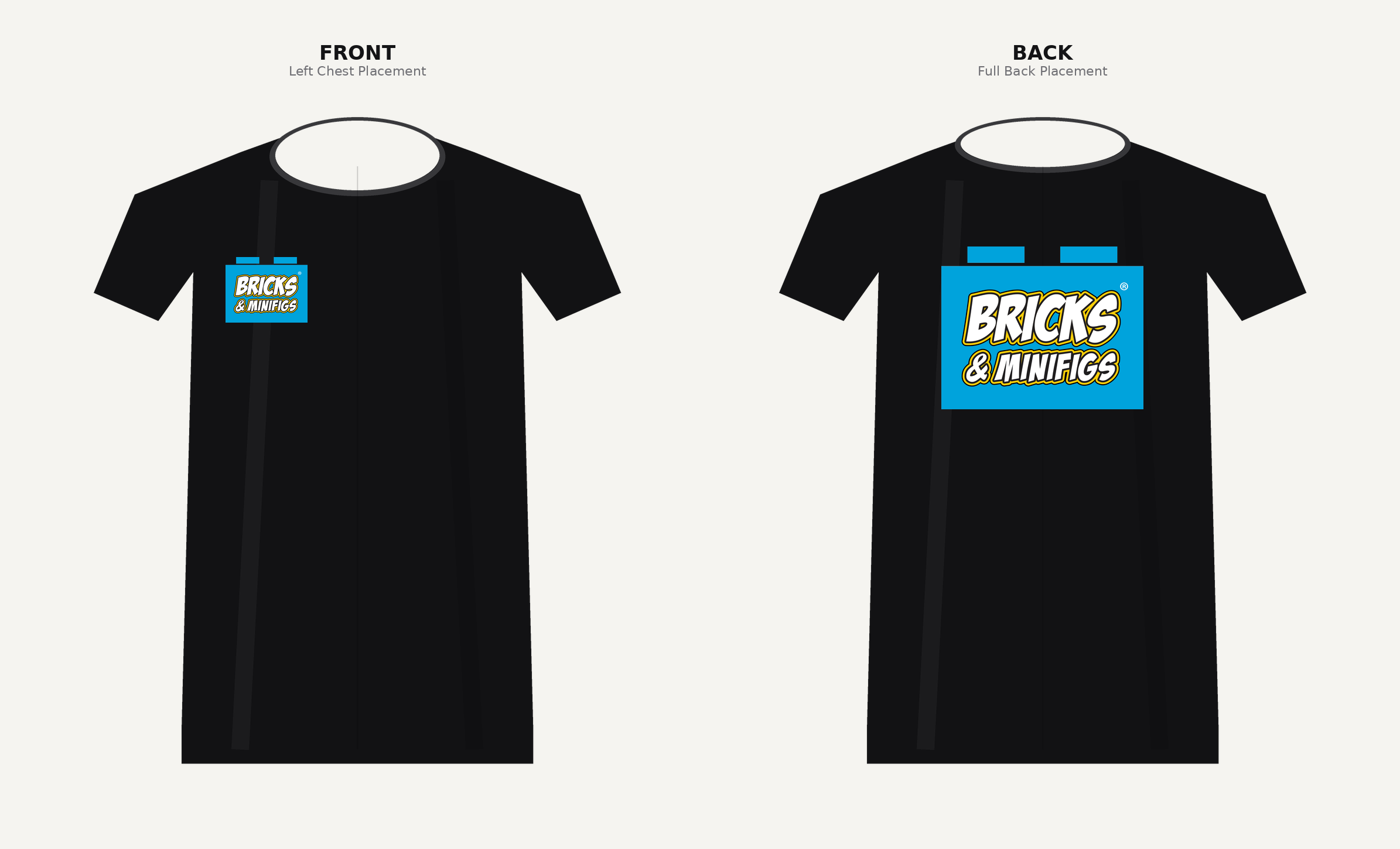 Mockup from The Original Block Dreams wholesale listing: black shirt with the Bricks & Minifigs logo, left chest and full back