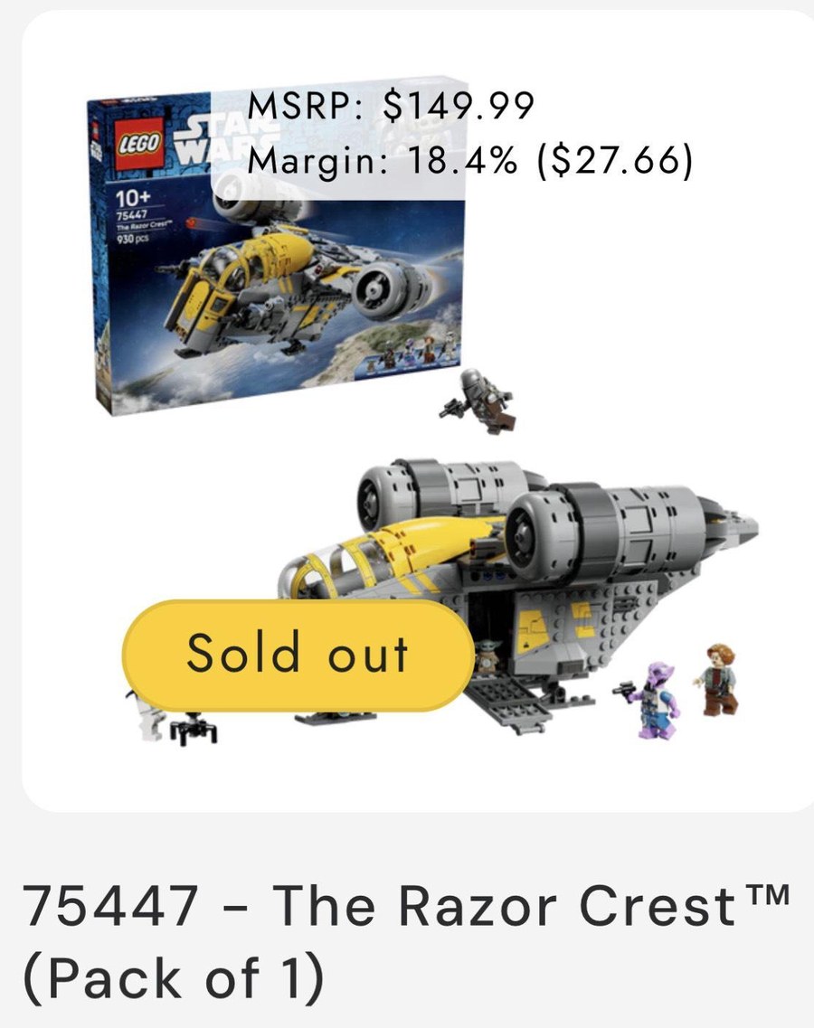 Product card from BAM's corporate Shopify store: LEGO Star Wars 75447 Razor Crest, MSRP $149.99, margin 18.4% ($27.66), sold out