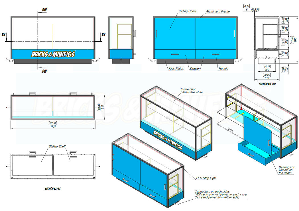 Technical drawing of Bricks & Minifigs branded display cases from Market Sculpt's website