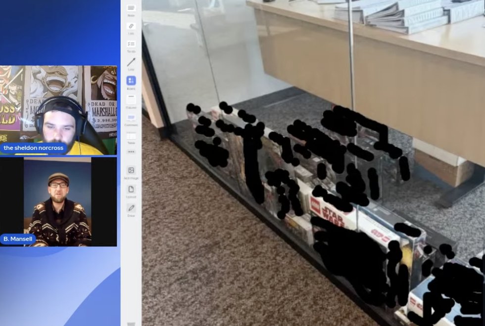 Screenshot from the live stream: the returned LEGO sets in a tray on an office floor, a Star Wars box among them, with Sheldon Norcross and Bryan Mansell on camera