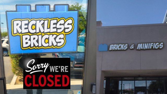 The video&rsquo;s title card: the Reckless Bricks logo on the store&rsquo;s glass door beside the Bricks & Minifigs channel letters above the entrance
